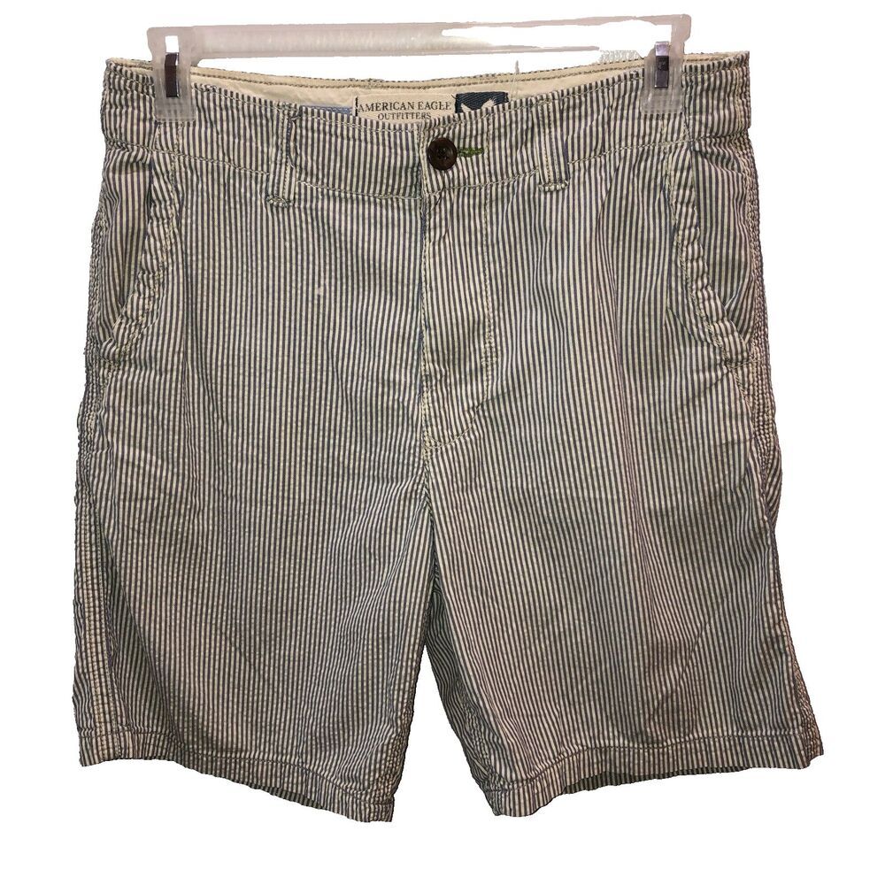 American Eagle Shorts Mens Size 32 Blue Pinstripe AE Longer Length 9" Inseam
